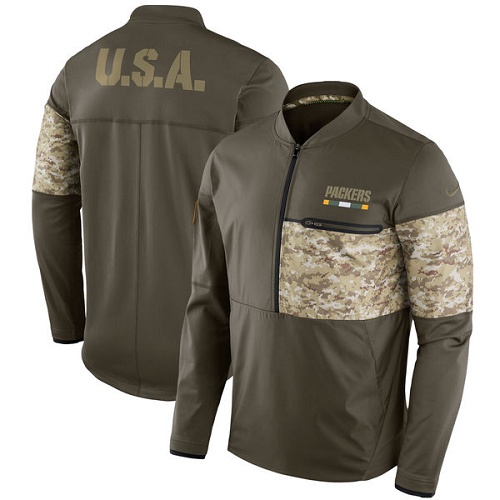 Men's Green Bay Packers Nike Olive Salute to Service Sideline Hybrid Half-Zip Pullover Jacket - Click Image to Close
